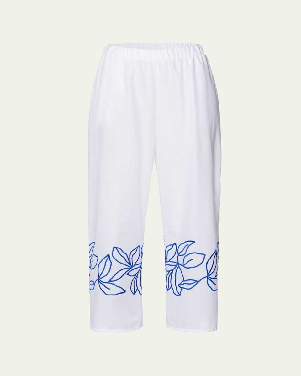 Liz Leaf-Embroidered Cropped Cotton Pants